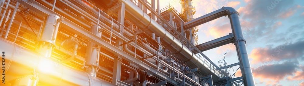 Fototapeta premium Industrial refinery with complex pipework and structures, illuminated by the warm light of sunrise or sunset, showcasing engineering and technology.