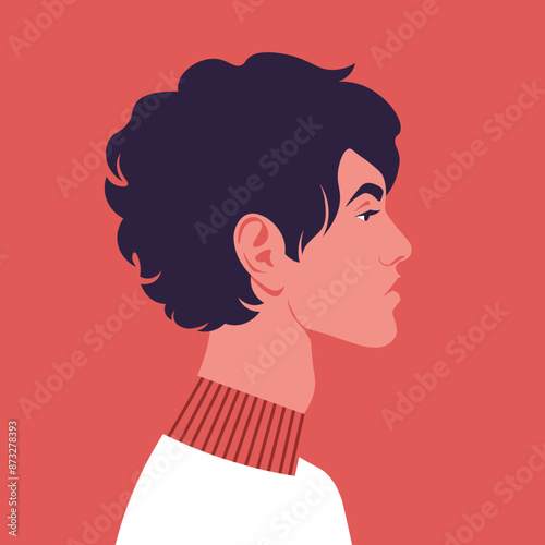 Portrait of a curly man in profile. Diversity. The face of a student. Side view. Avatar for social media. Vector flat illustration