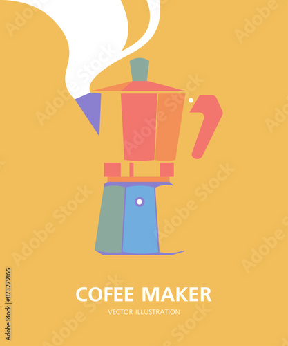 Italian coffee maker. A Moka pot, for espresso. Side view. Multicolored vertical poster. Vector flat illustration