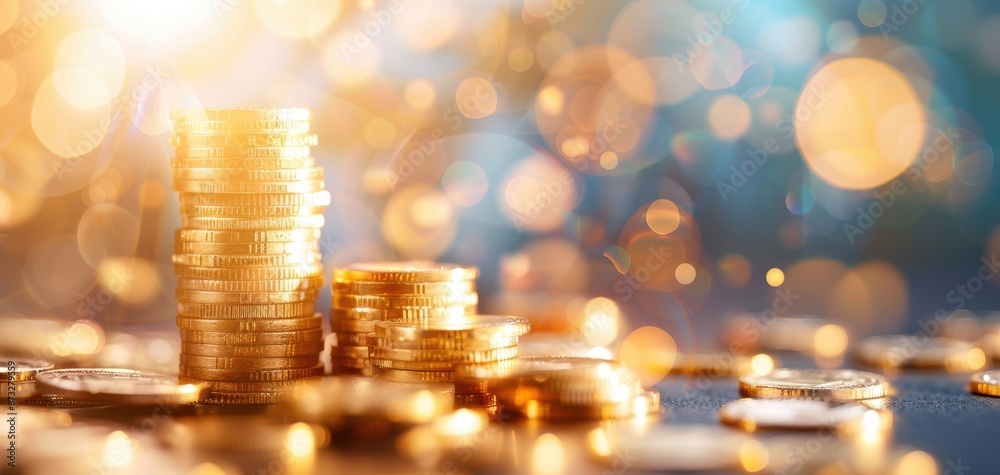 Golden coins stacked under a warm, glowing light with a bokeh background. Perfect for financial, wealth, and savings concepts. Golden coins stacked under a warm, glowing light with a bokeh background. Perfect for financial, wealth, and savings concepts.