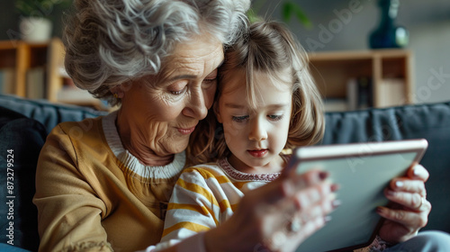 Close-up of a modern grandmother and grandchild reading a tablet together photo