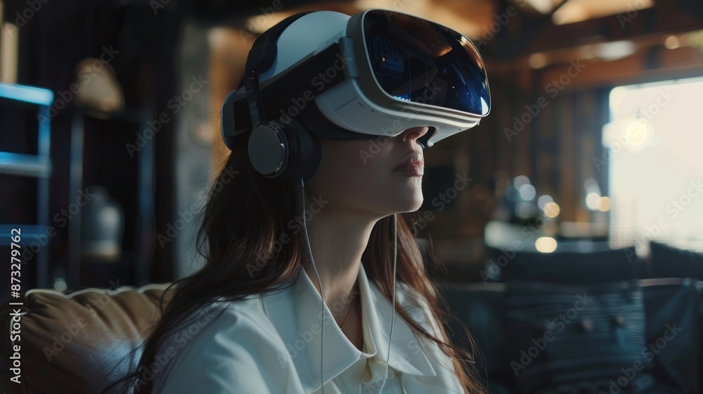 Woman Immersed in Virtual Reality Experience with VR Headset Woman Immersed in Virtual Reality Experience with VR Headset