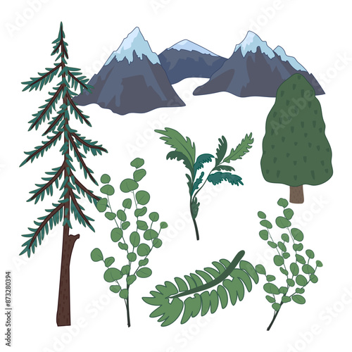Adobe ISet with images of mountains, trees, branches, leavesllustrator Artwork