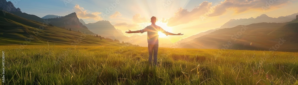 Person standing in a field with arms outstretched, embracing the beautiful sunrise over the mountains, symbolizing freedom and peace. Person standing in a field with arms outstretched, embracing the beautiful sunrise over the mountains, symbolizing freedom and peace.