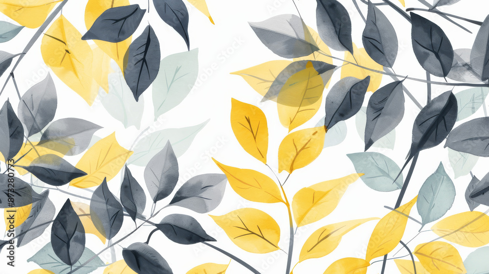 Gorgeous leafy design in shades of yellow, gray, and green on a white background. Perfect for backgrounds, images, textures, and patterns. Ideal for paintings, wallpaper, or wall art. Gorgeous leafy design in shades of yellow, gray, and green on a white background. Perfect for backgrounds, images, textures, and patterns. Ideal for paintings, wallpaper, or wall art.