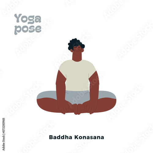 Dark skin tone male perform yoga pose isolated on white background. Baddha Konasana - Bound Angle Pose.