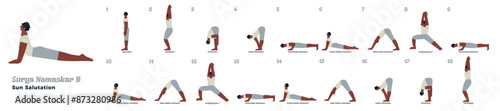 Surya Namaskar B. Sun Solutation. Dark skin tone male perform yoga poses isolated on white background. Vector collection.