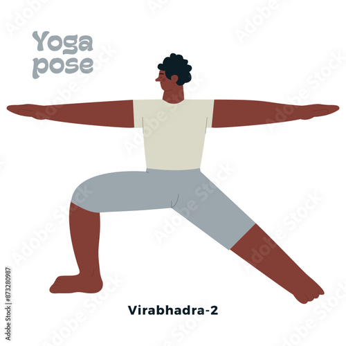 Dark skin tone male perform yoga pose isolated on white background. Virabhadra 2 - Warrior Pose.