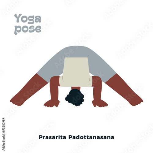 Dark skin tone male perform yoga pose isolated on white background. Prasarita Padottanasana - Wide Legged Forward Bend Pose.