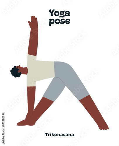 Dark skin tone male perform yoga pose isolated on white background. Trikonasana - Extended Triangle Pose.