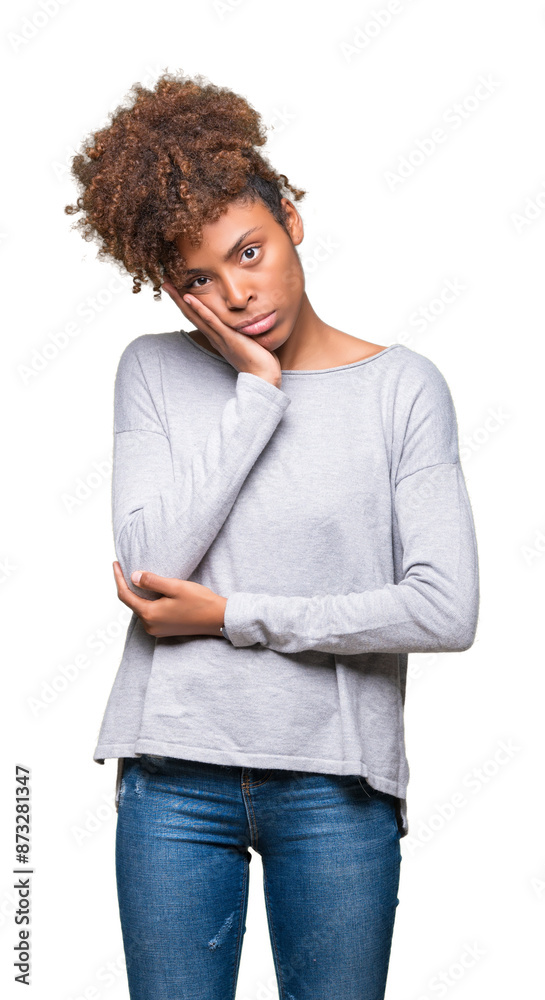 Beautiful young african american woman over isolated background thinking looking tired and bored with depression problems with crossed arms. Beautiful young african american woman over isolated background thinking looking tired and bored with depression problems with crossed arms.