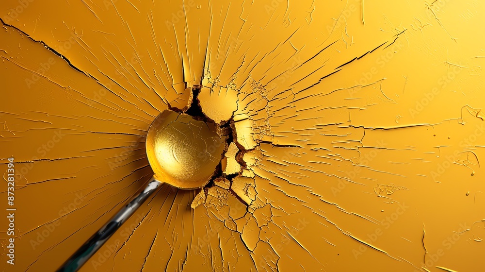 Obraz premium A gold spoon breaks through a cracked, golden surface, creating a dramatic, abstract composition.