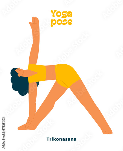 Dark skin tone female perform yoga pose isolated on white background. Trikonasana - Extended Triangle Pose.