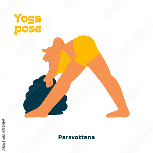 Dark skin tone female perform yoga pose isolated on white background. Parsvottana - Pyramid Pose, Side Stretch Pose.