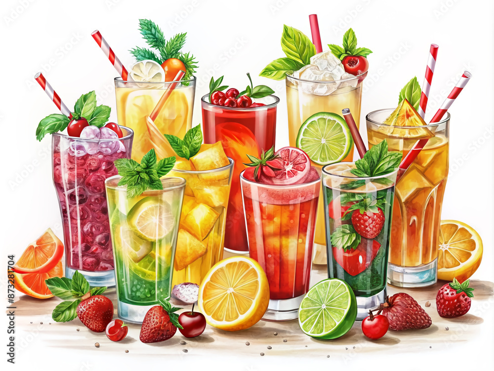 Vibrant, hand-drawn illustration of colorful summer drinks, including cocktails, juices, and sodas, garnished with fruits, straws, and ice cubes, perfect for bar menus and ads. Vibrant, hand-drawn illustration of colorful summer drinks, including cocktails, juices, and sodas, garnished with fruits, straws, and ice cubes, perfect for bar menus and ads.