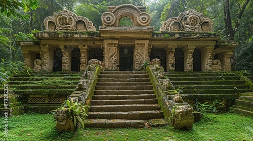 Fototapeta Naklejka Na Ścianę i Meble -  Ancient Mayan jungle temple with mystical carvings and wild animals. , Minimalism,