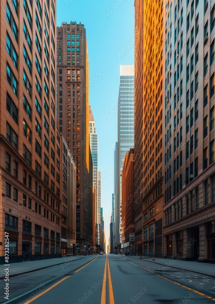 Obraz premium A serene view of an empty city street flanked by tall buildings under a clear blue sky with warm sunlight casting shadows.