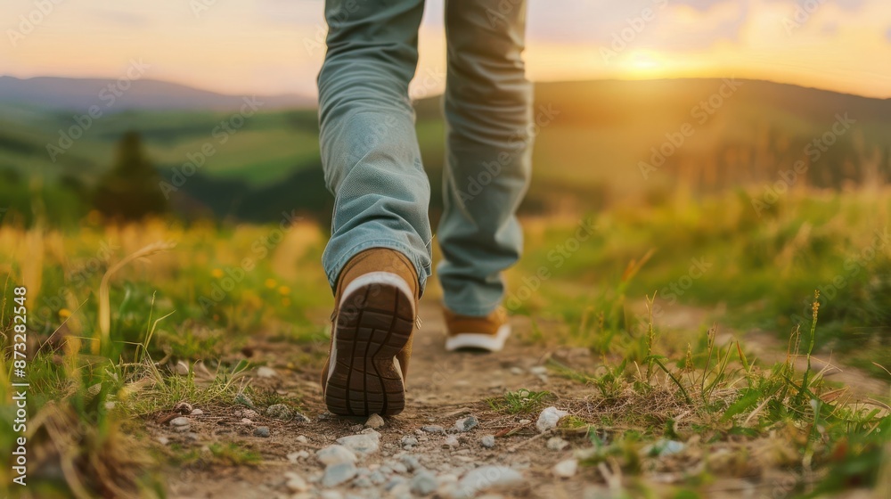 A person walking on a trail through nature, with a beautiful sunset in the background. Ideal for adventure, travel, and outdoor activities. A person walking on a trail through nature, with a beautiful sunset in the background. Ideal for adventure, travel, and outdoor activities.
