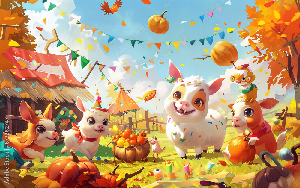 Charming farm animals celebrating a harvest festival with vibrant, colorful decorations and lively activities. , full ultra hd, high resolution Charming farm animals celebrating a harvest festival with vibrant, colorful decorations and lively activities. , full ultra hd, high resolution