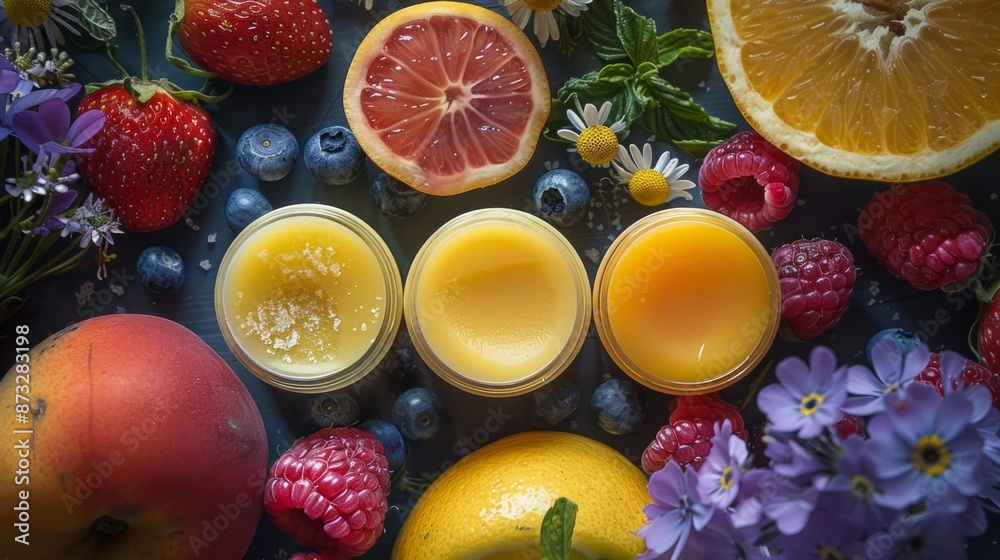 Beeswax lip balms are handmade in a variety of flavors, decorated with fresh fruits and flowers on a dark background. Beeswax lip balms are handmade in a variety of flavors, decorated with fresh fruits and flowers on a dark background.
