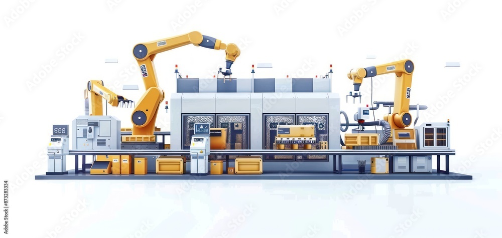 Modern Automated Factory with Robotic Arms and Conveyor Belt. Concepts. Industry 4.0, Smart Factory, Automation, Manufacturing, and Industrial Production Modern Automated Factory with Robotic Arms and Conveyor Belt. Concepts. Industry 4.0, Smart Factory, Automation, Manufacturing, and Industrial Production