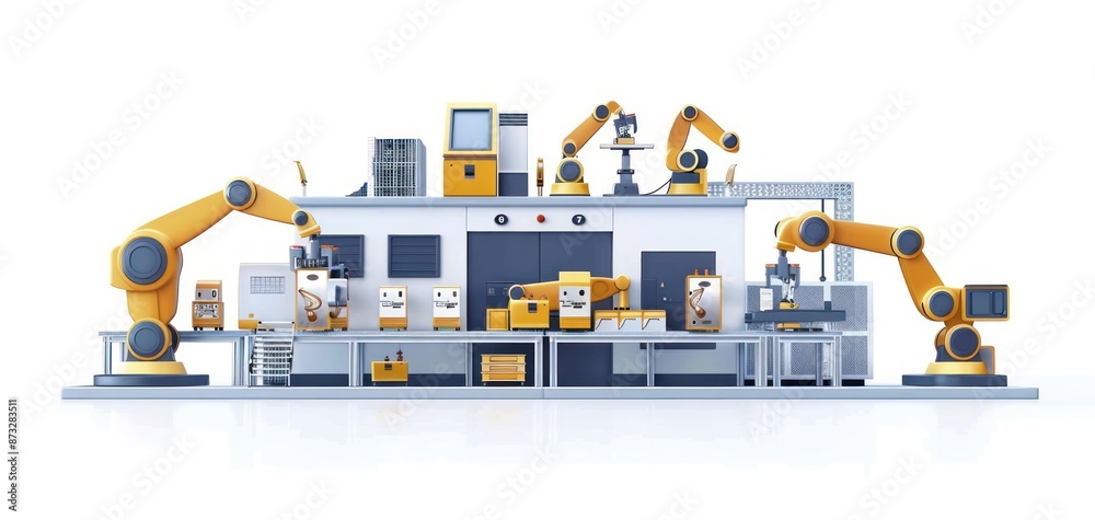 Automated robotic assembly line in a smart factory. Concept of Industry 4.0, automation, and advanced manufacturing. Automated robotic assembly line in a smart factory. Concept of Industry 4.0, automation, and advanced manufacturing.