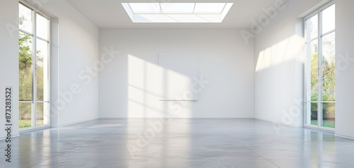 Spacious empty room with large windows and natural light. Minimalist interior design perfect for versatile use. © ruslee