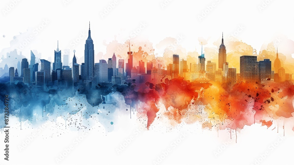 Obraz premium Vibrant watercolor cityscape depicting a skyline with a blend of blue and orange hues, highlighting urban architecture and creativity.