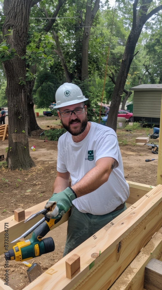 A construction worker wearing a hardhat and gloves uses a power drill to attach wooden beams, while standing on the partially built frame A construction worker wearing a hardhat and gloves uses a power drill to attach wooden beams, while standing on the partially built frame
