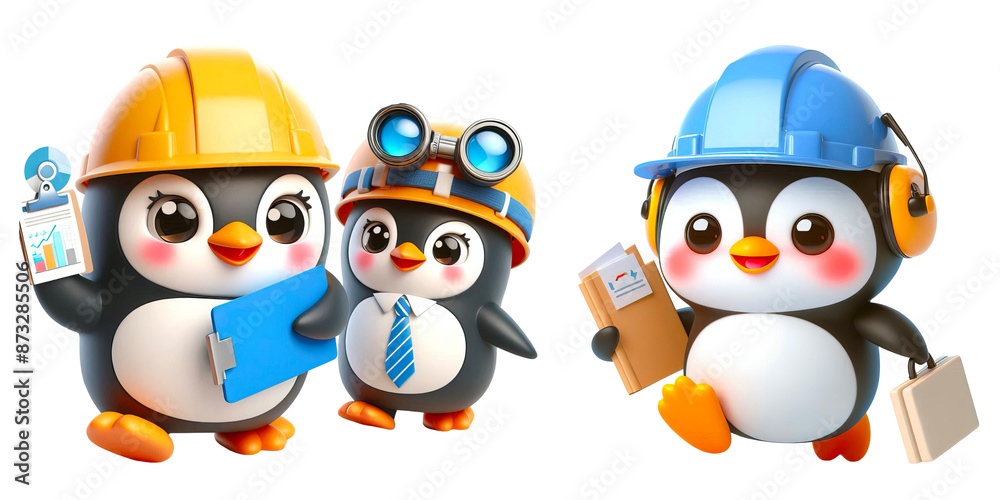 Obraz premium Set of 3d penguin wearing a hard hat is holding a office bag and paperwork