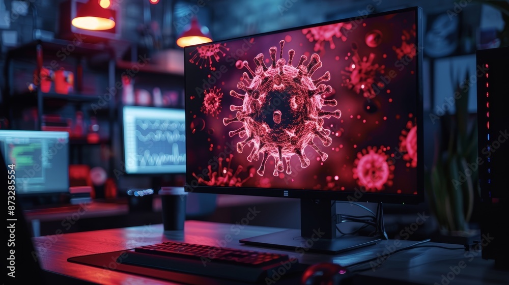 Computer screen displaying a detailed digital representation of a virus in a dark and ambient modern workplace setting. Computer screen displaying a detailed digital representation of a virus in a dark and ambient modern workplace setting.