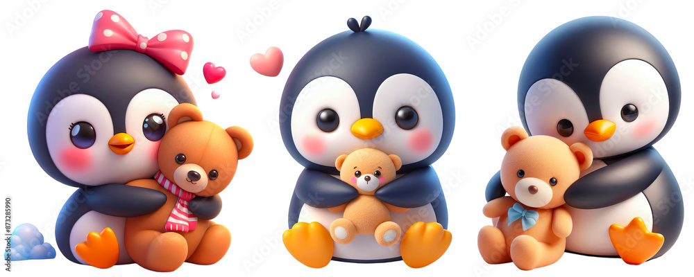 Set of 3D penguin hugs the teddy bear tightly, isolated on transparent background Set of 3D penguin hugs the teddy bear tightly, isolated on transparent background