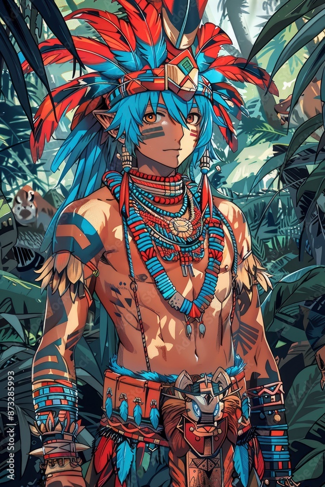 Fototapeta premium A vibrant anime-style illustration of a high-tech ninja with a glowing katana, wearing cyber armor.
