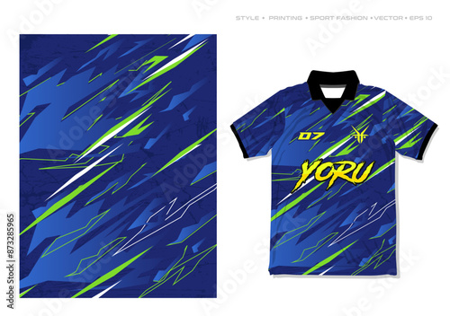 Sporty sublimation jersey esport gaming design striking stripes blue green neon electric motorsport car decal livery wrap gradient pattern vector design