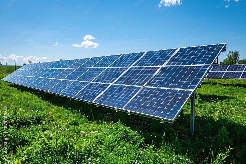 A solar panel in a natural grassy field with green ground and a bright clear sky, Photography, Canon EOS R5, outdoor sunny warm light, cinematic, vibrant, serene, eco-friendly, detailed, HD, 8k, A solar panel in a natural grassy field with green ground and a bright clear sky, Photography, Canon EOS R5, outdoor sunny warm light, cinematic, vibrant, serene, eco-friendly, detailed, HD, 8k,