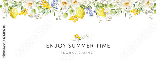 Peonies, yellow flowers, lemon fruits, green leaves, white background. Banner template with text. Vector illustration. Floral arrangement. Summer border design 