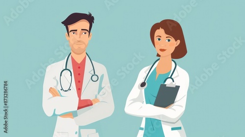 Illustration of male and female doctors with stethoscopes and clipboard