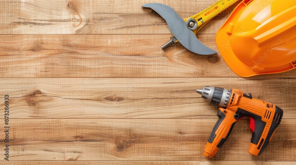 A cordless drill, a hard hat, and a wrench lie on a wooden surface, lit by artificial light A cordless drill, a hard hat, and a wrench lie on a wooden surface, lit by artificial light