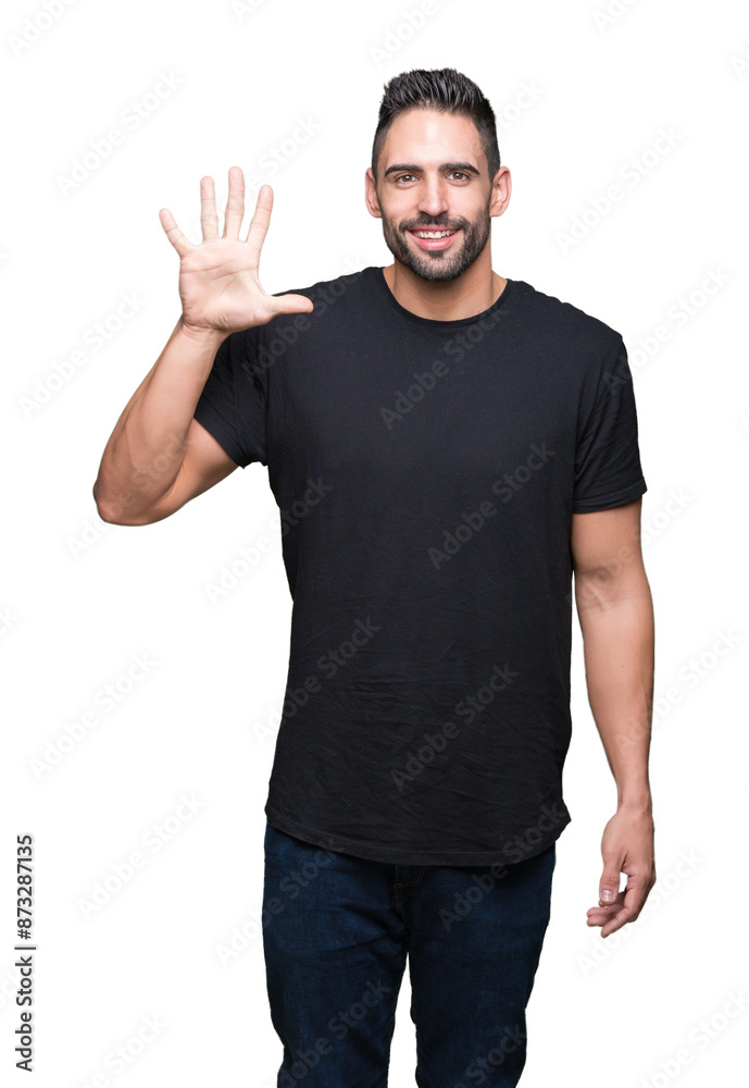 Young handsome man over isolated background showing and pointing up with fingers number five while smiling confident and happy. Young handsome man over isolated background showing and pointing up with fingers number five while smiling confident and happy.