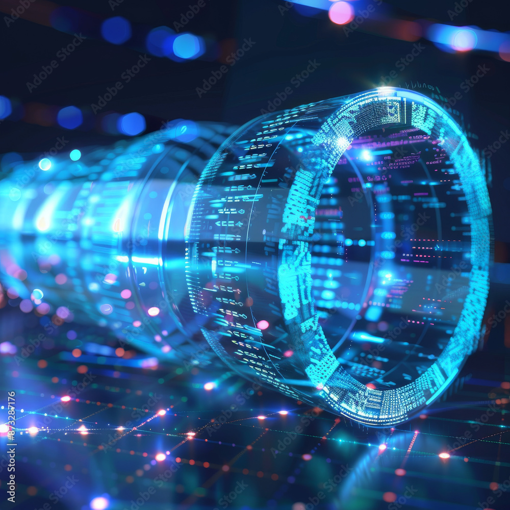 An abstract digital cylinder hologram on a blue background. Concepts of computing, innovation, and media. An abstract digital cylinder hologram on a blue background. Concepts of computing, innovation, and media.