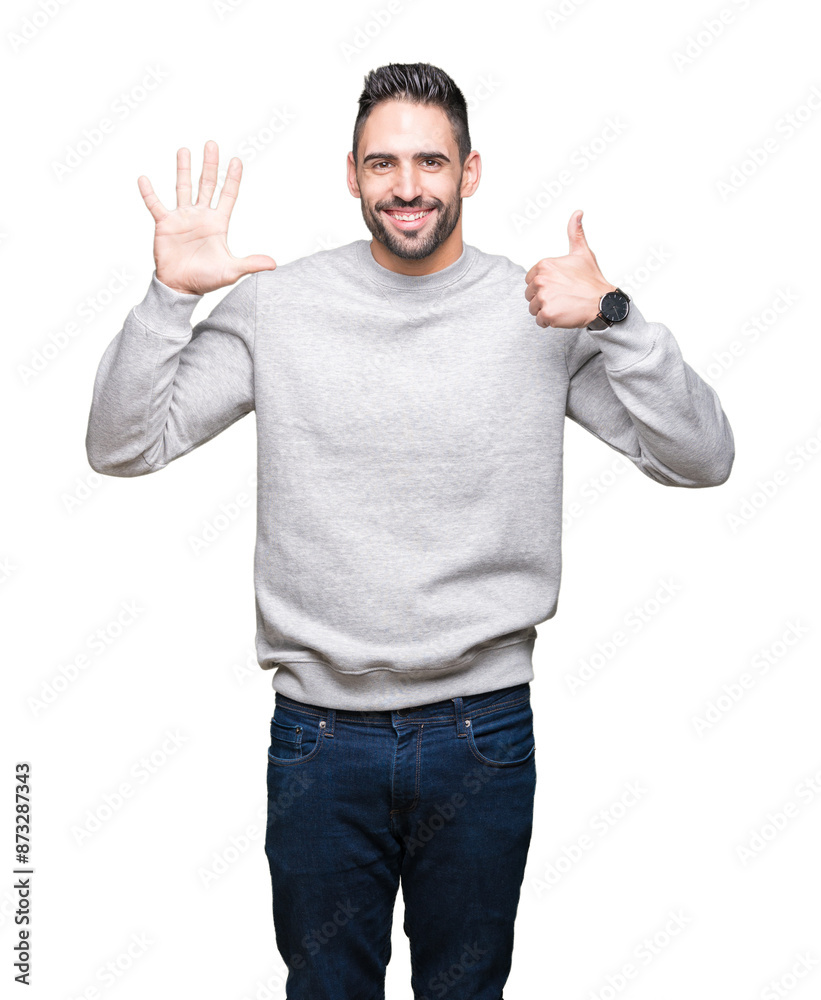 Young handsome man wearing sweatshirt over isolated background showing and pointing up with fingers number six while smiling confident and happy. Young handsome man wearing sweatshirt over isolated background showing and pointing up with fingers number six while smiling confident and happy.
