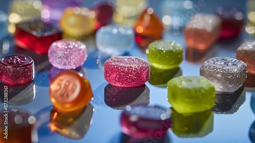 Detailed macro shots of gummy vitamins in fun shapes and bright colors, appealing to both adults and children.