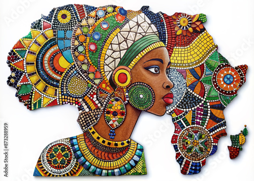 Vibrant mosaic artwork featuring intricately arranged tiles depicting African inspired patterns and colors, symbolizing beauty, diversity, and rich cultural heritage of African women.