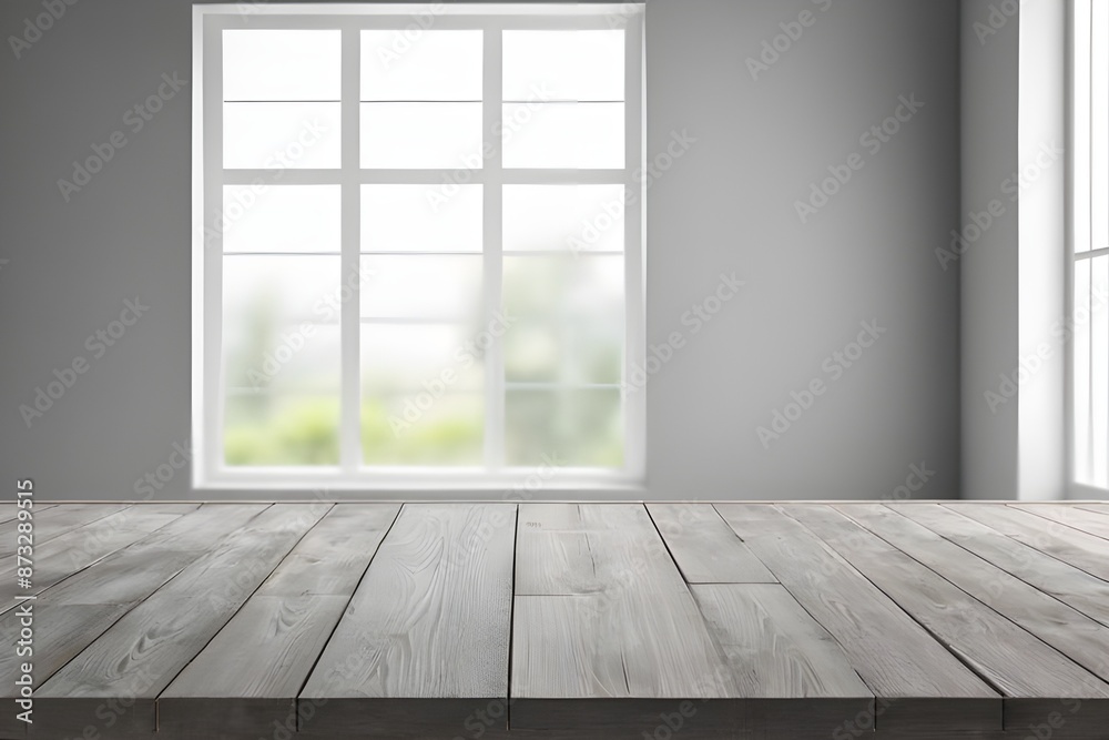 Empty Wooden table top with blurry background of grey wall with window. Generative ai Empty Wooden table top with blurry background of grey wall with window. Generative ai