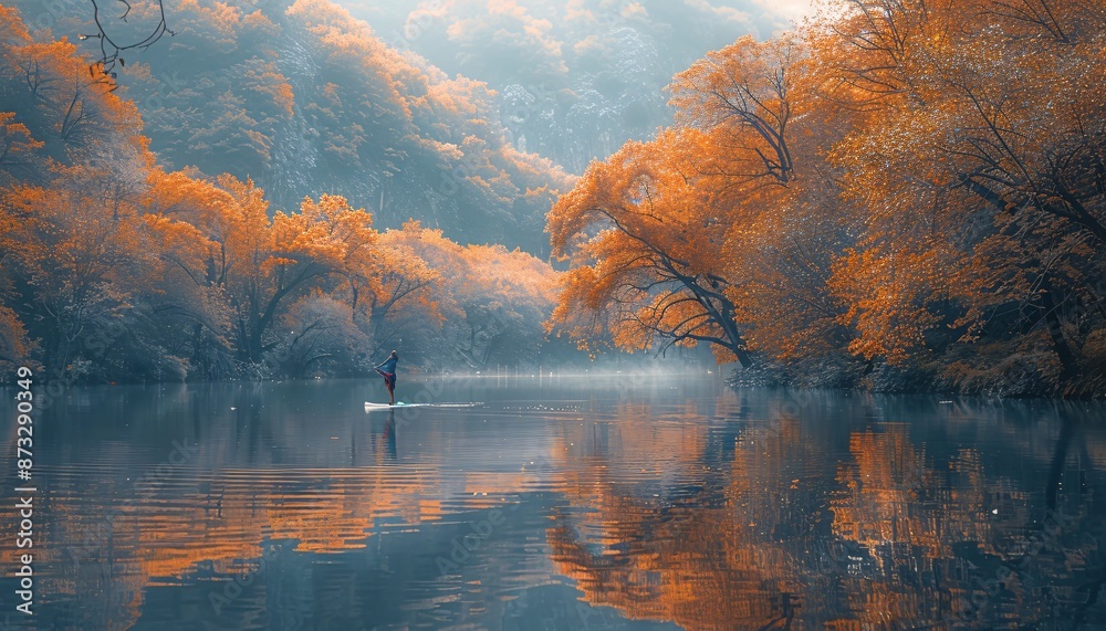 Naklejka premium Paddleboard yoga on lake, lush nature.