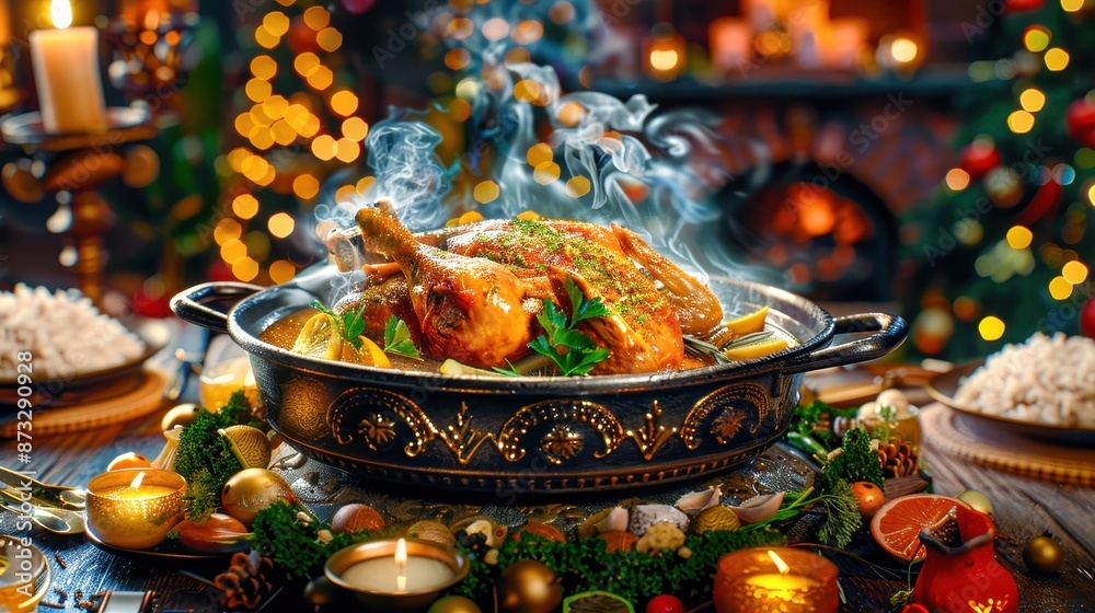 Festive holiday dinner with a delicious roasted chicken centerpiece surrounded by seasonal decorations and a warm, cozy fireplace setting. Festive holiday dinner with a delicious roasted chicken centerpiece surrounded by seasonal decorations and a warm, cozy fireplace setting.