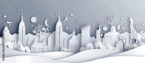 Snowy Cityscape with Animals in Minimalist Papercut Style
