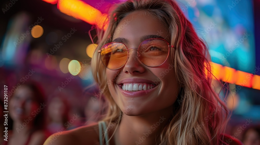 A young woman with round sunglasses and a wide smile takes in the nightlife, her backdrop filled with bright, colorful event lights, exuding vibrant energy. A young woman with round sunglasses and a wide smile takes in the nightlife, her backdrop filled with bright, colorful event lights, exuding vibrant energy.