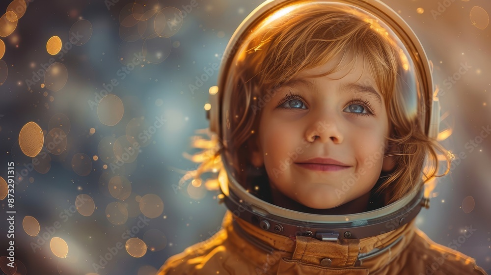 A child wearing a spacesuit gazes upward in astonishment, evoking a sense of wonder and imagination, illuminated by a magical, glowing backdrop filled with sparkles. A child wearing a spacesuit gazes upward in astonishment, evoking a sense of wonder and imagination, illuminated by a magical, glowing backdrop filled with sparkles.