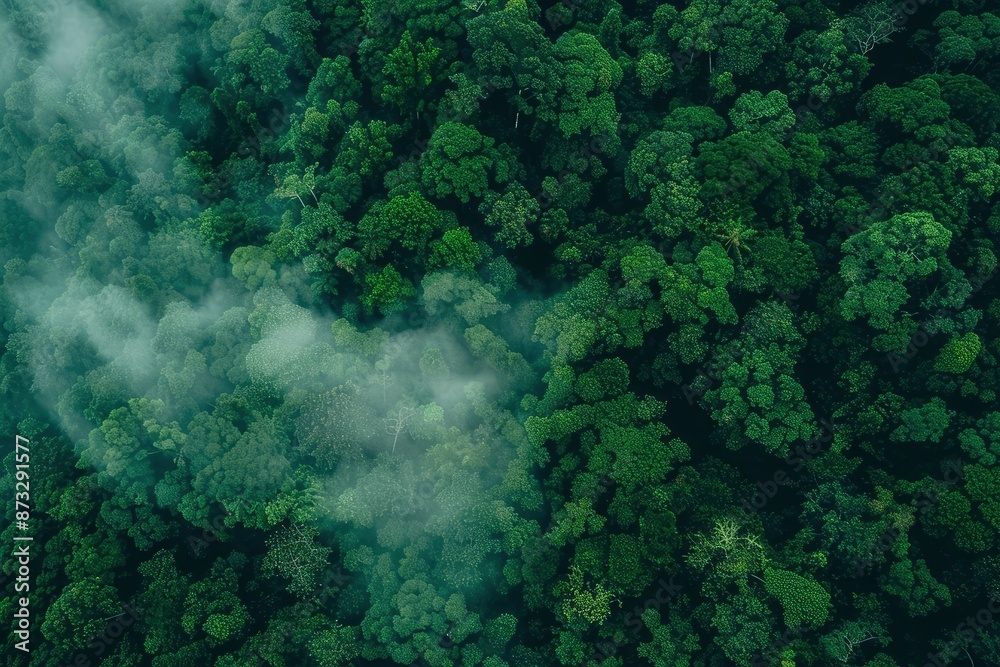 Aerial view of dark green forest with misty clouds. The rich natural ecosystem of rainforest concept of natural forest conservation and reforestation - generative ai Aerial view of dark green forest with misty clouds. The rich natural ecosystem of rainforest concept of natural forest conservation and reforestation - generative ai